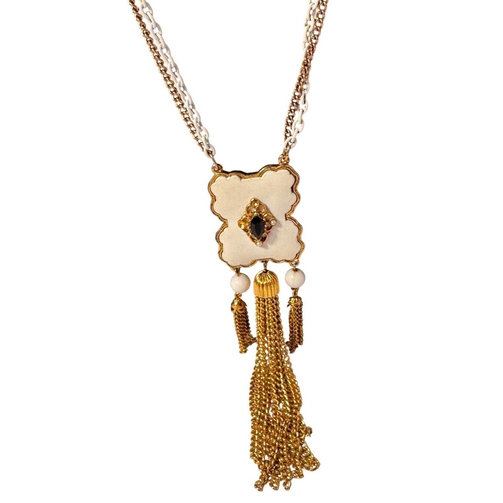 1960's‎ long pendant necklace w/ cream enamel, gold tassels & multi clor chain
